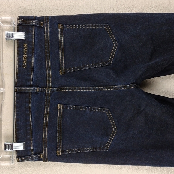 Carmar Blue Dark Wash Five Pocket Mid Rise Ripped Distressed Skinny Jeans - Picture 10 of 12